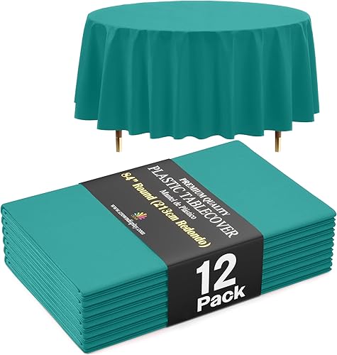 Miniatura 80 de Exquisite Mantel Redondo Premium Azul Claro 66% Más Grueso 0.5 Mil Paquete de 12 Manteles de Mesa de Plástico Desechables de 84 Pulgadas Mantel Azul
