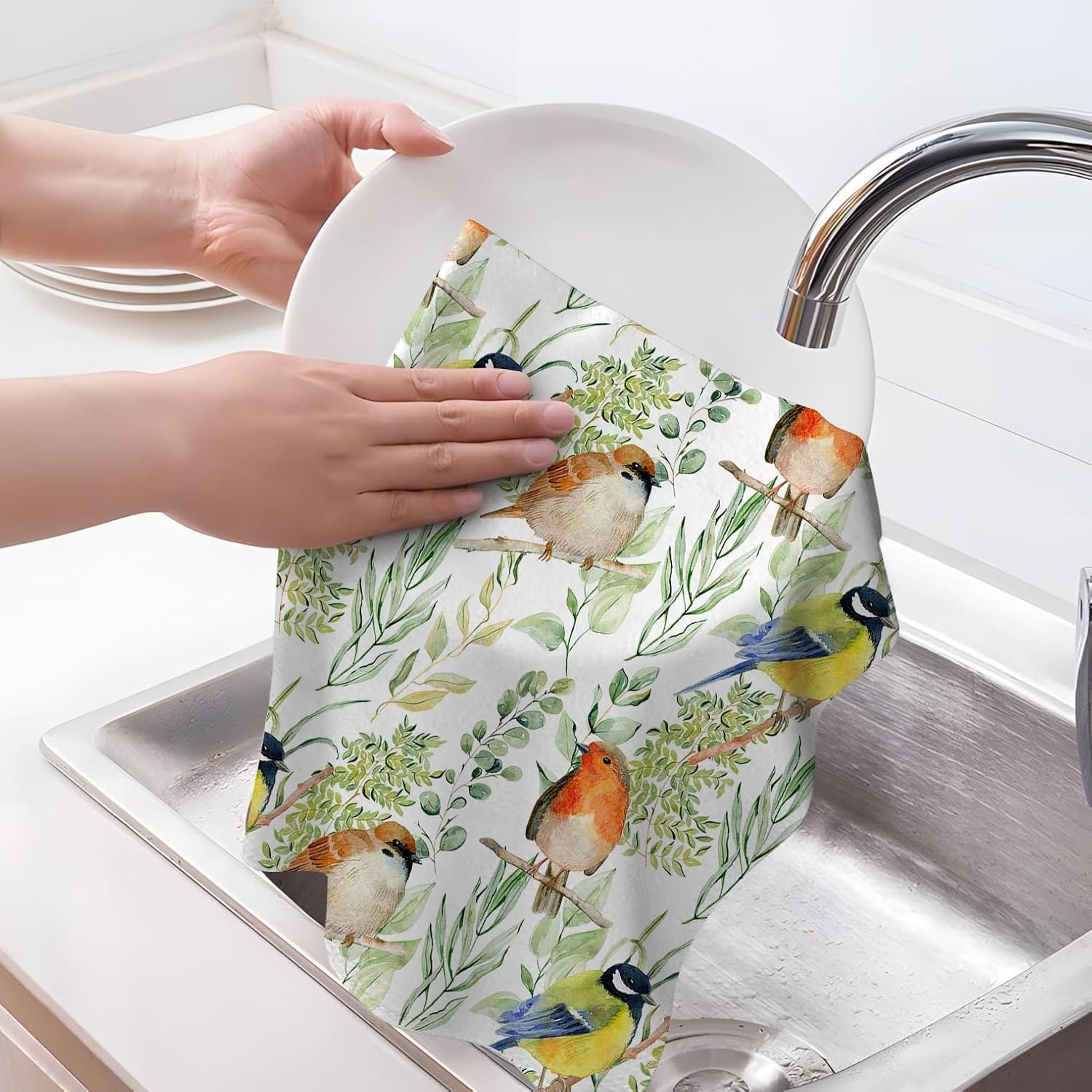 Cute Birds with Green Herbs Leaves Kitchen Towels Set of 2, Botanic Dish Towels for Drying Dishes, Gifts for Bird Lovers, Absorbent Hand Drying Cloth for Kitchen Farmhouse Bar Spring Summer Decor image 3