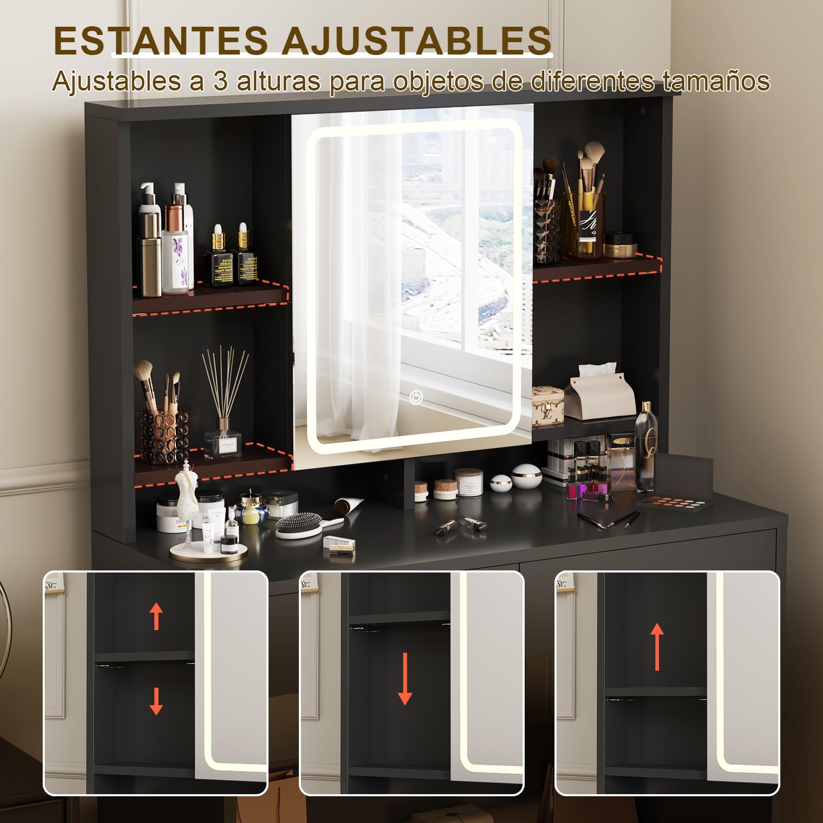 Airfish Tocador de Maquillaje con Espejo y Luces LED, 3 Colores Brillo Ajustable, Mesa de Maquillaje con Espacio para Joyas, Estantes Ajustables,9 Ganchos y 2 Cajones, 90x40x135,8 CM Moderno, Negro
