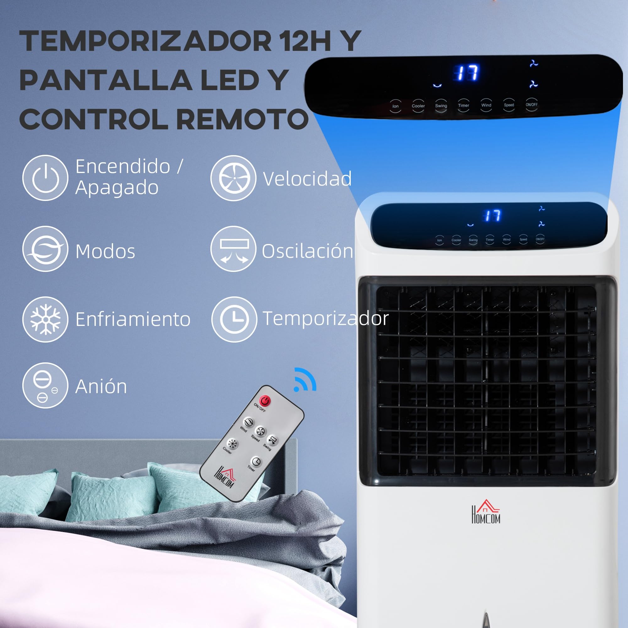 HOMCOM Climatizador Evaporativo Bajo Consumo 4 en 1 Depósito 12L Humidificador Climatizador Iones Negativos Control Remoto 3 Modos 3 Velocidades Temporizador 12 h Pantalla LED Táctil 38x35x81cm Blanco