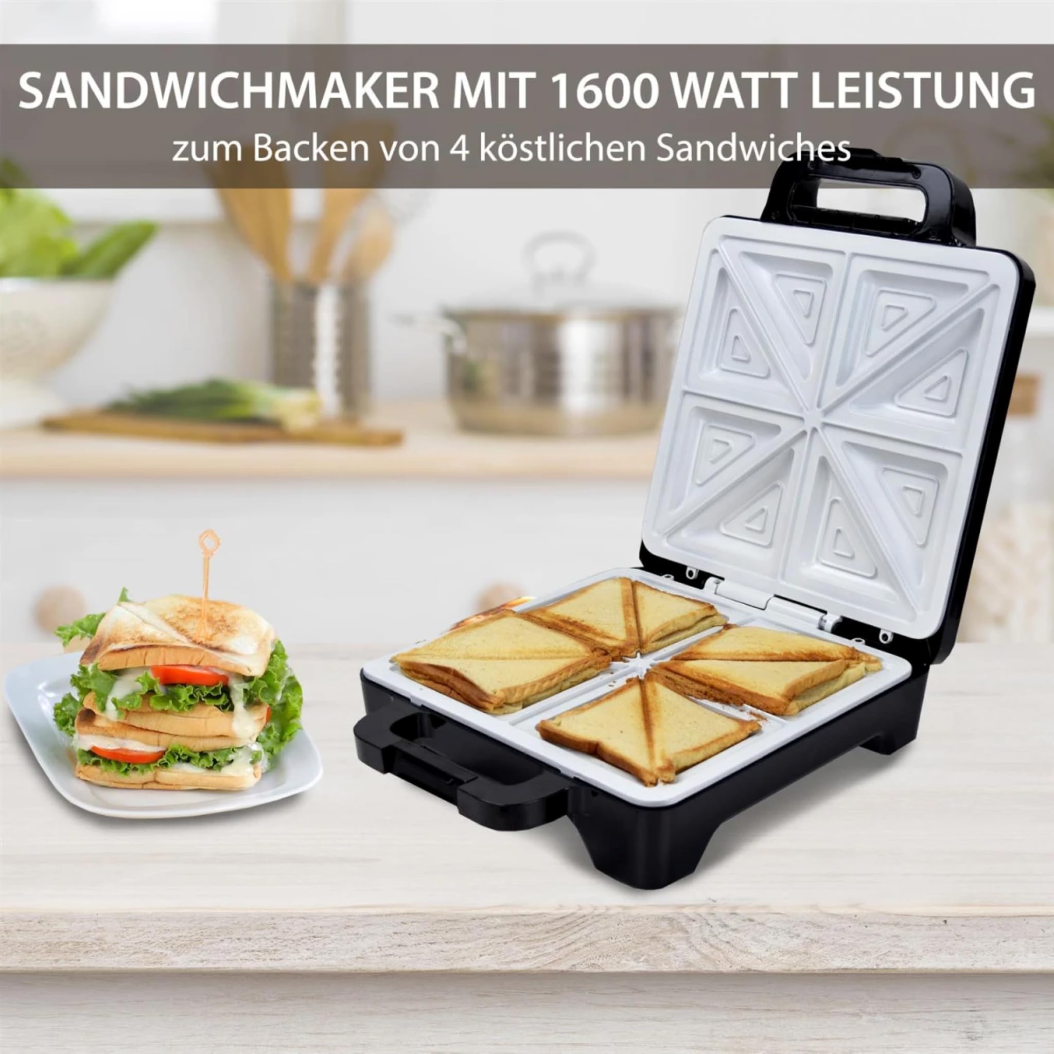 Syntrox Germany 1600 Watt XLC Sandwichmaker mit Keramikbeschichtung zur Herstellung von 4 Sandwiches gleichzeitig