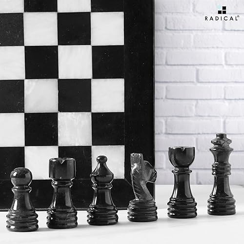 Miniatura 2 de Radicaln Juego de ajedrez de mármol de 12 pulgadas, juego de ajedrez hecho a mano en blanco y negro, 1 tablero de ajedrez y 32 piezas de ajedrez,