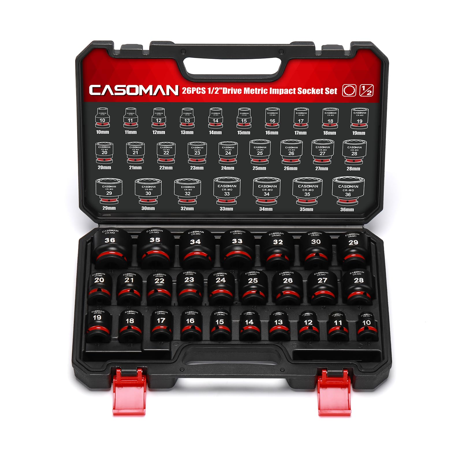 CASOMAN 26-Piece 1/2" Drive Standard Impact Socket Set, 12-Point, Metric, 10mm - 36mm, CR-MO Steel, with Storage Case