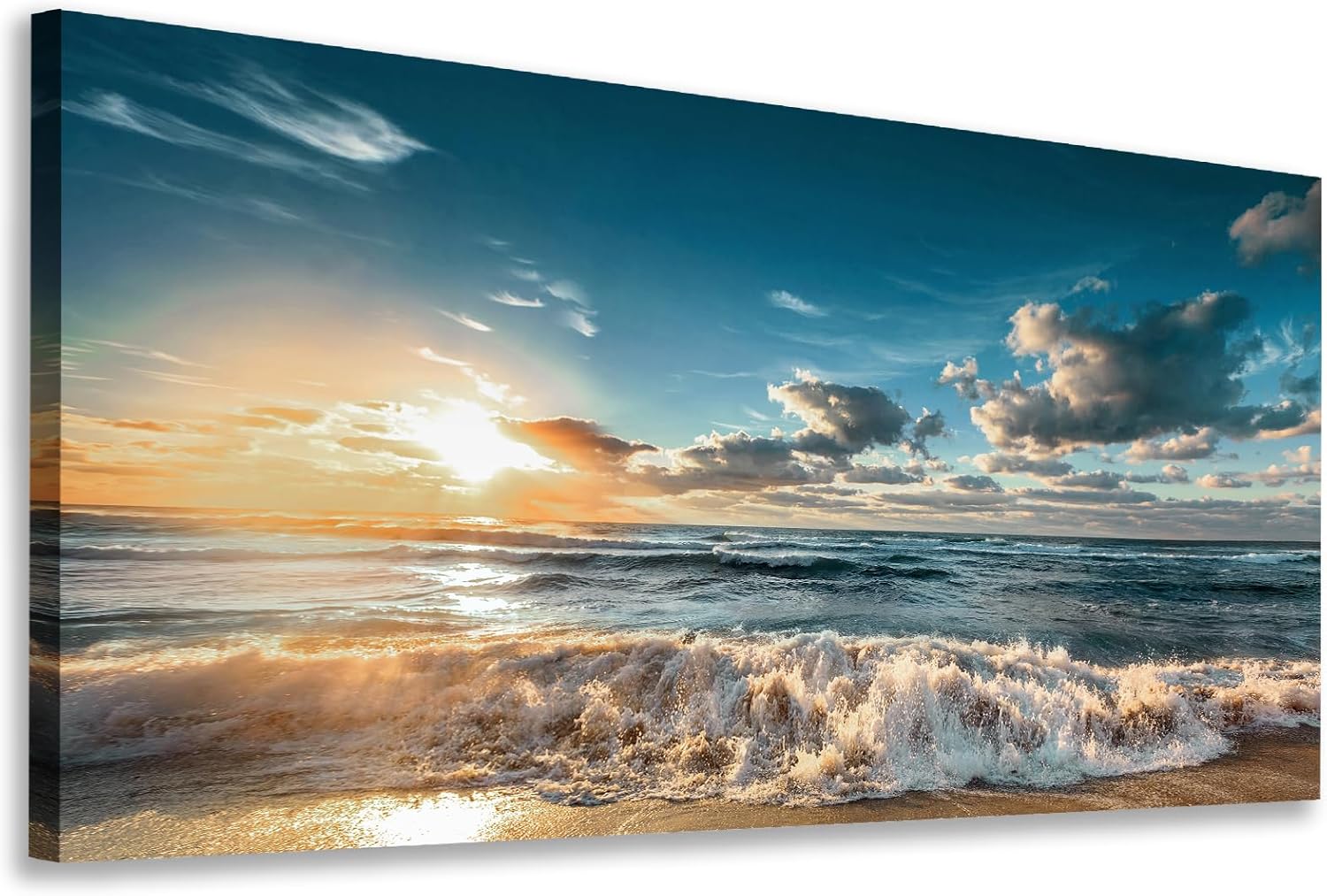 yearainn Sunset Beach Wall Art - Sea Beach Canvas Pictures Blue Ocean Wall Decor Coastal Waves Painting Nature Landscape Print Artwork for Living Room Bedroom Bathroom Home Office Decoration 24" x 48"