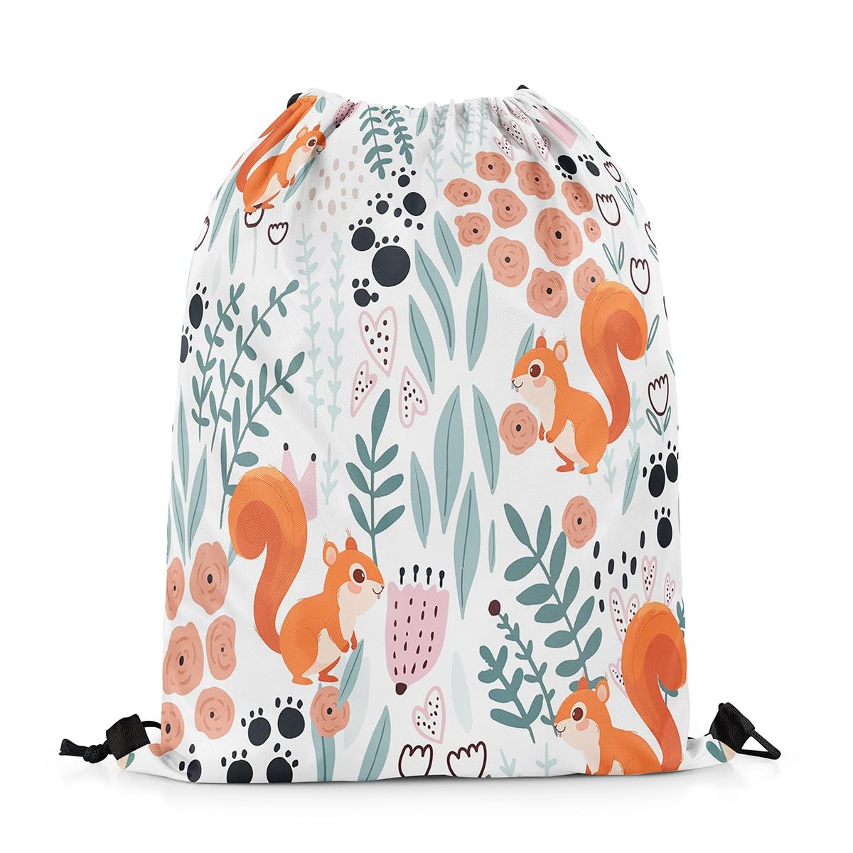 Homewish Cute Squirrel Draw String Back Bag,Kawaii Cartoon Animal Cinch Bag,Green Botanical Flower Leaves Drawstring Bags 33 x 40 cm,Lovely Paw Love Heart Pattern Drawstring Backpack