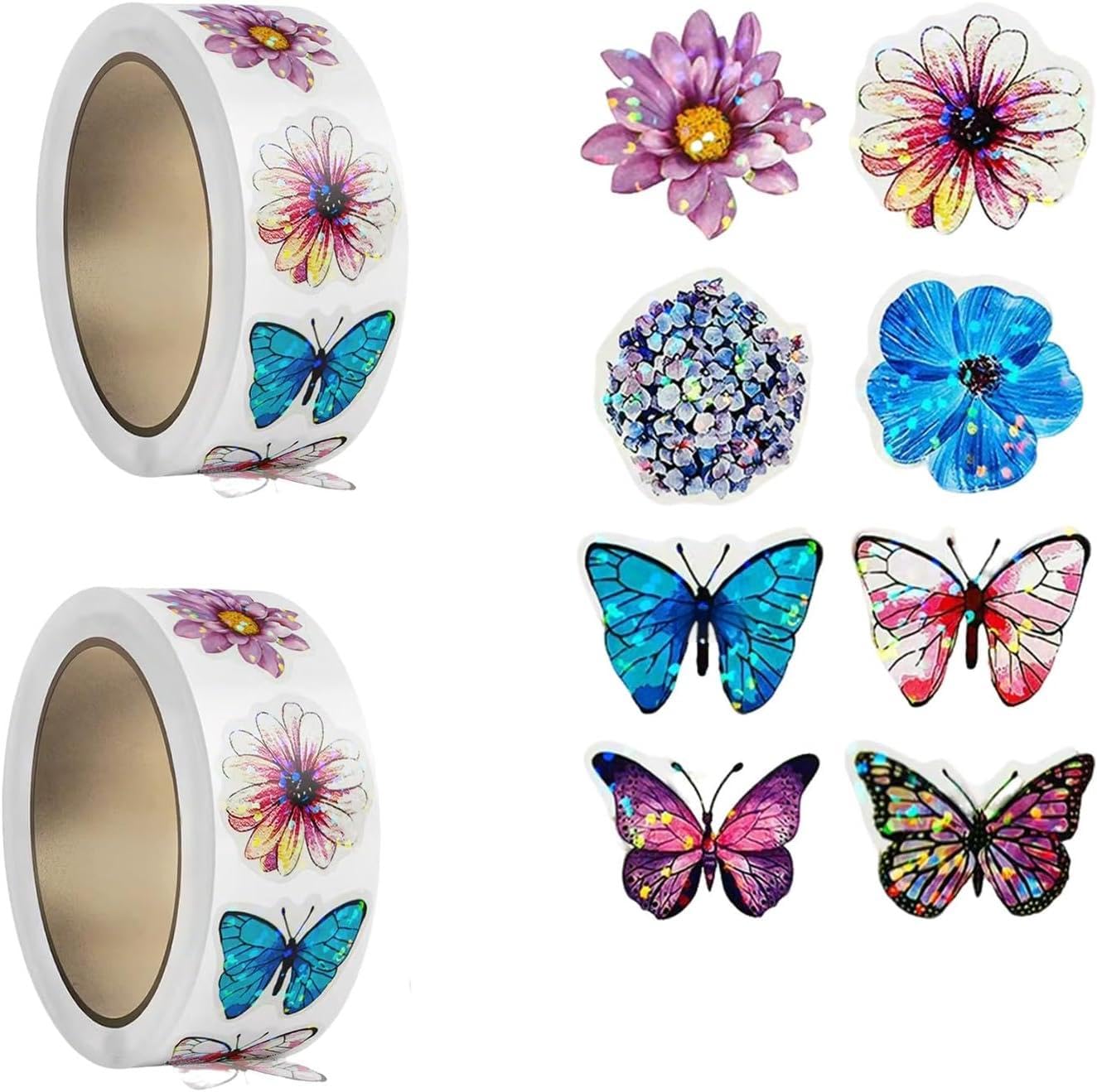 Flower Stickers，Butterfly Stickers, Craft Stickers Scrapbook Stickers, for Scrapbooking Scrapbook Supplies,1000 Pcs Cartoon Flower & Butterfly Sticker Rolls (2 Rolls) (Flowers and Butterflie, Blue)