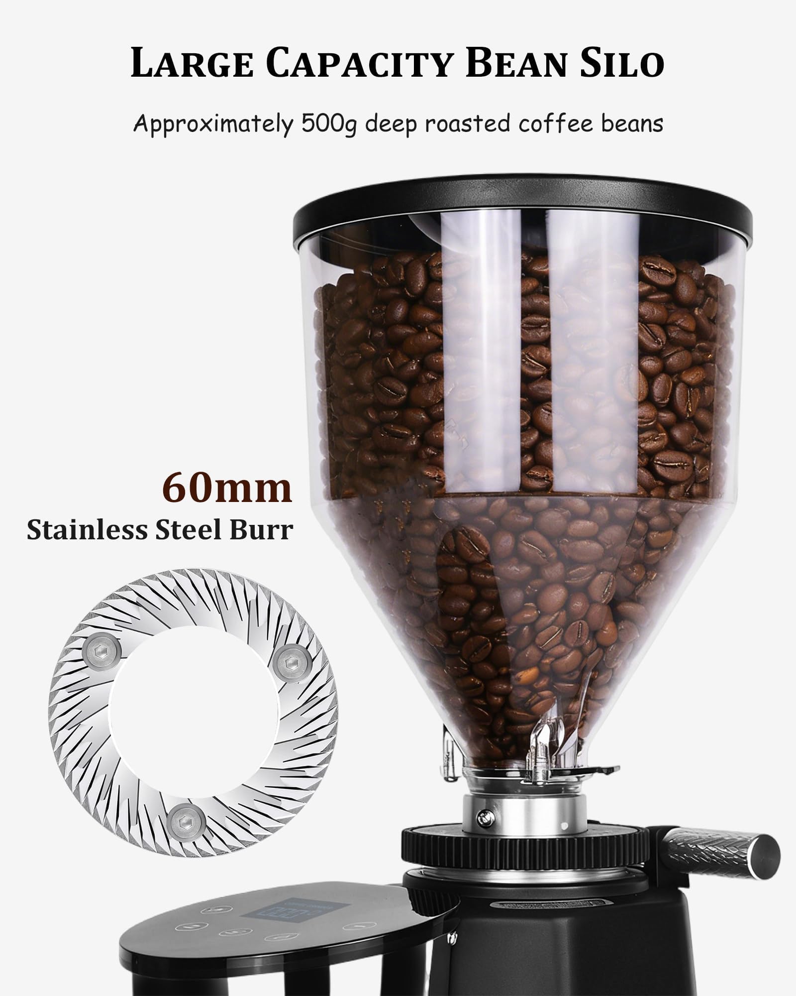 Elektryczny młynek do kawy żarnowy 500g, płaski żarnik 60mm z 19 precyzyjnymi ustawieniami, cyfrowe sterowanie z ekranem dotykowym, młynek dozujący espresso do kawiarni domowej, 22x14x47cm white