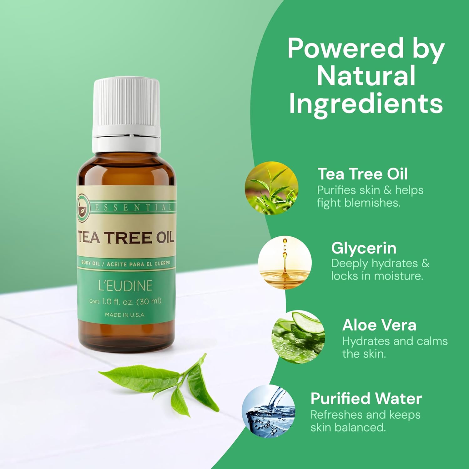 L’EUDINE Tea Tree Oil – 1fl Oz Multipurpose Body Oil for Acne, Toenail Problems, Dandruff, Skin Bites, Lice – Made in USA – All-Natural and Safe Essential Oil – Refreshing on Clothes, Cleaning