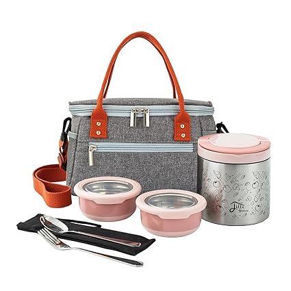 Lille Home Lunch Box Set, An Vacuum Insulated Bento/Snack Box Keeping Food Warm for 4-6 Hours, Two Stainless Steel Food Containers, A Lunch Bag, A Portable Cutlery Set (Pink)