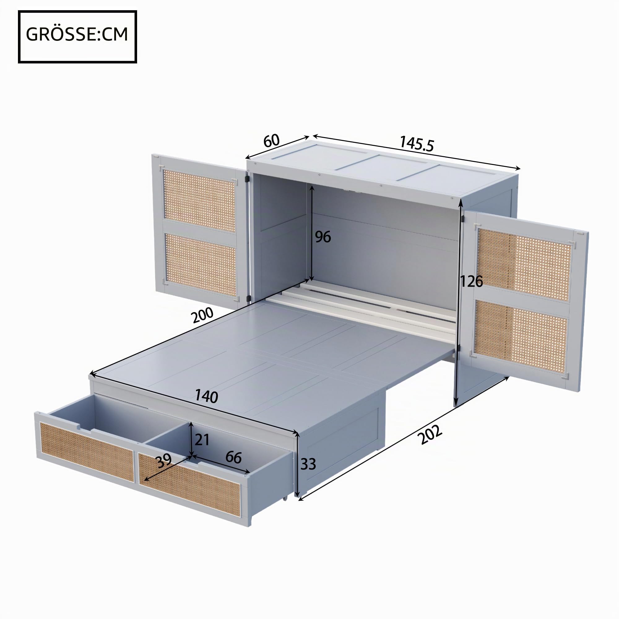 Schrankbett 140x200- Wandbett mit Lattenrost - Schrank mit Klappbett - Wandklappbett - Murphy Bed - Bettschrank, vertikales Schrankbett, Jugendbett, ohne Matratze,Grau