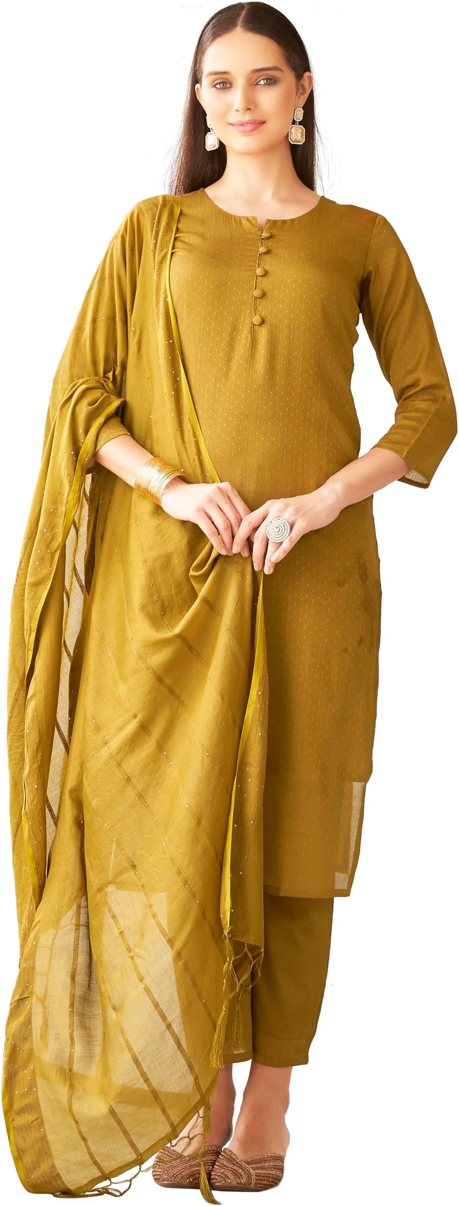 WomanistaWomen's Mustard Colour Weaving Butti Work Kurta and Pants with Dupatta(Kurtaset_1331)
