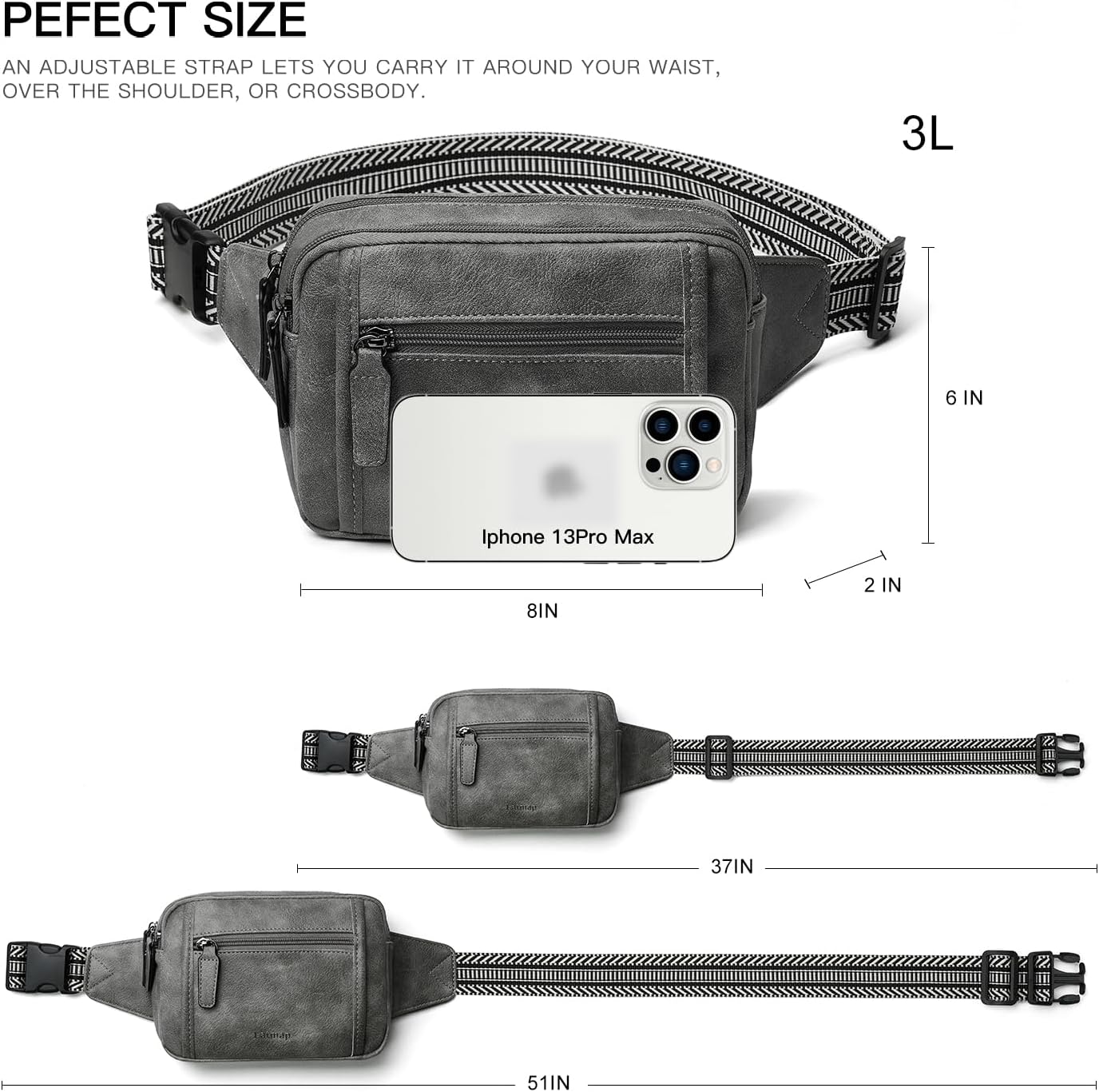 3L TRIPLE ZIP Fanny Packs Belt Bag For Women Men Crossbody Waist Pack Sling Chest Bum Travel Bag Purse Faux Leather Fashion Cute Dark Grey - Image 6