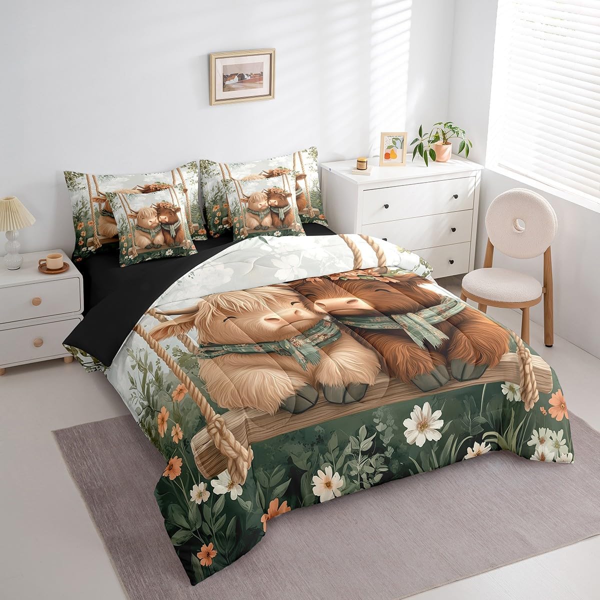 Erosebridal 7Pcs Highland Cow Kids Bedding Set for Boys,Queen Size Comforter Set with Sheets and Pillowcase,7Pcs Bed in a Bag,Western Cow Children Bed Set, Farmhouse Animal Comforter