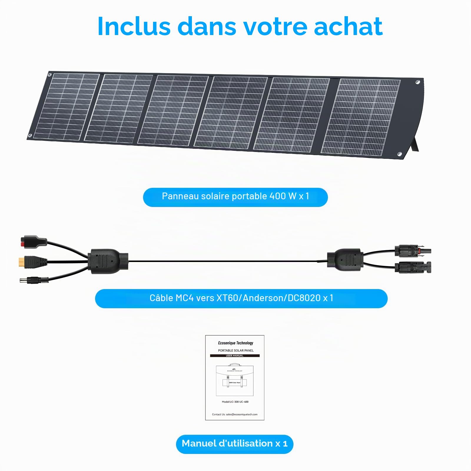 Ecosonique Panneau solaire portable 400 W MC4 40 V, compatible avec la plupart des centrales électriques, panneau solaire pliable et léger avec supports, sorties multiples pour générateurs solaires