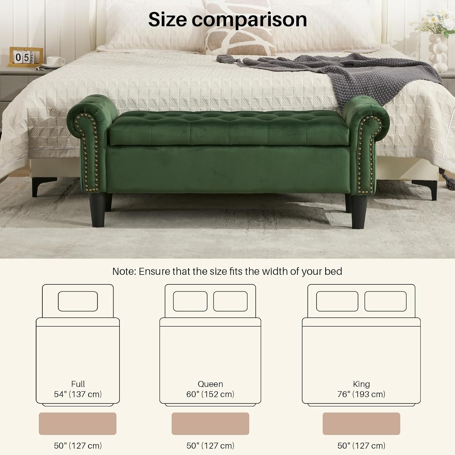 Storage Bench, 50" Queen End of Bed Bench, Velvet Tufted Button Upholstered Bedroom Bench, Storage Ottoman with Rolled Arms, Window Bench with Storage, for Living Room, Entryway Green