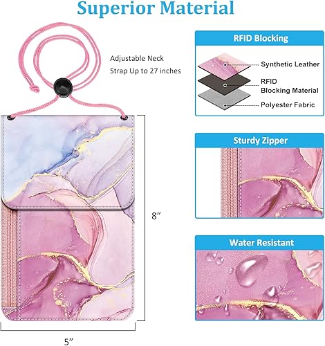 Vista 3 de Fintie Bolsa de viaje para el cuello, cartera para pasaporte, organizador con bloqueo RFID, Mármol brillante, Portátil