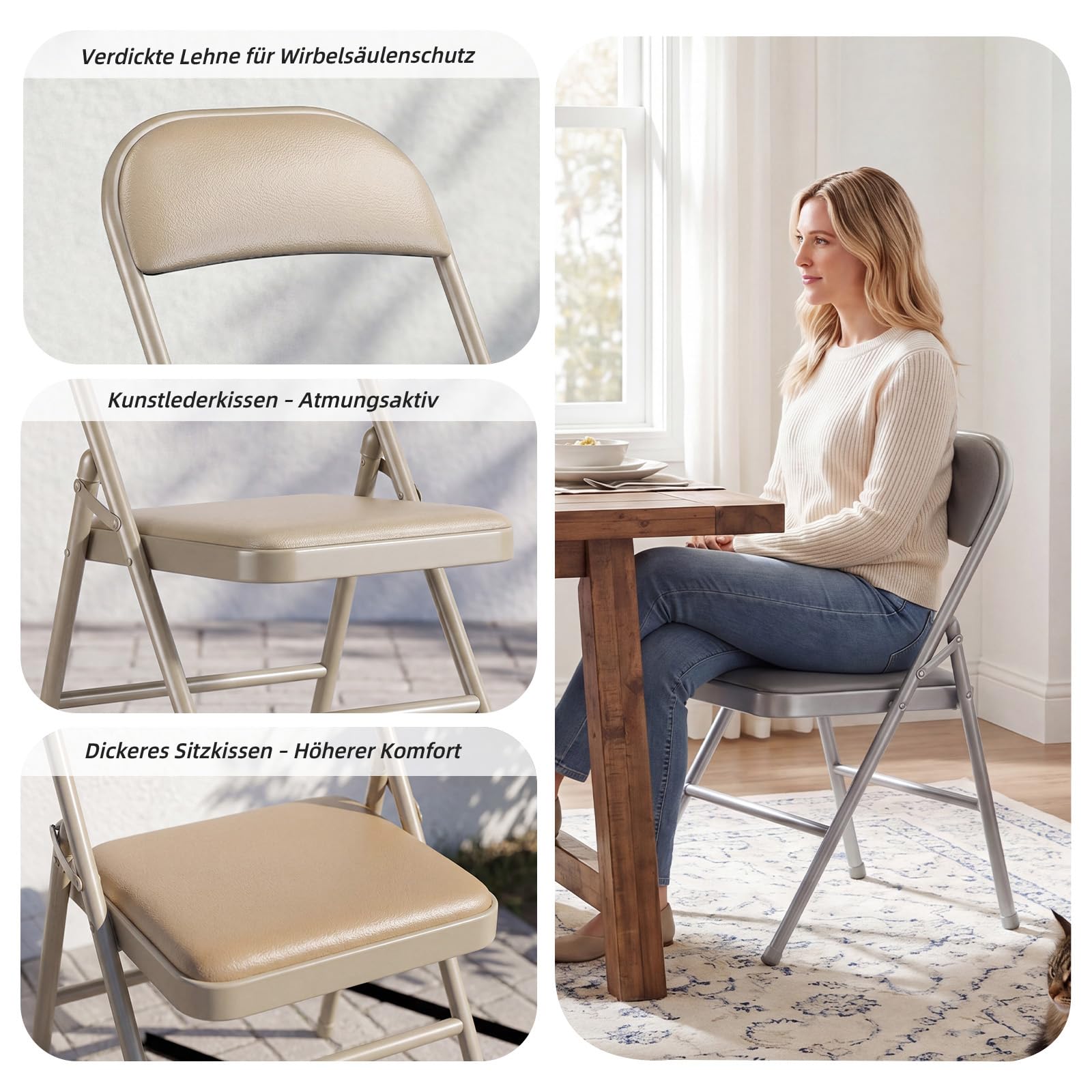 Klappstuhl 8er Set, Klappstuhl Gepolstert bis 158KG Tragfähigkeit, Klappstühle mit Starker Stahlrahmen für Zuhause und Büro, Camping, Innen- und Außenveranstaltungen, Khaki