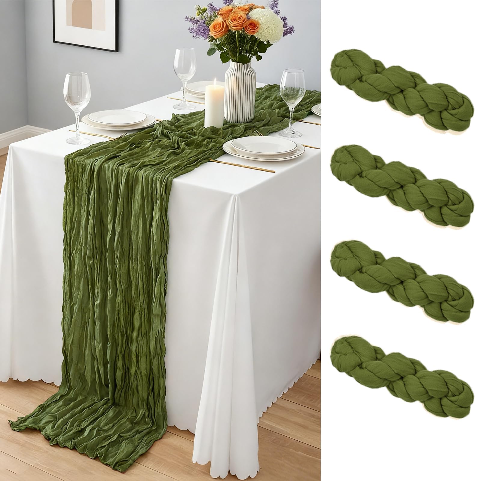 4 Pack Olive Green Cheesecloth Table Runner, Semi Sheer Gauze Table Runners 21.5 x 120 Inch, 10Ft Bulk Cheese Cloth Fabric Runner for Wedding, Party, Baby Shower, Bridal Shower