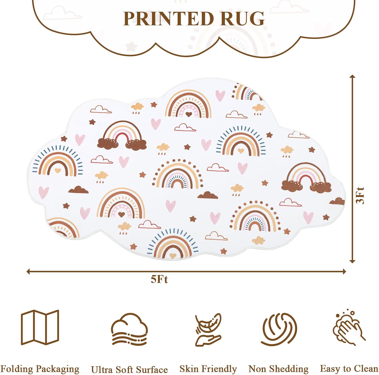 HiiARug Rainbow Rug for Playroom, Beige White Fluffy Soft Decorative Floor Mat, Cloud Shaped Washable Rugs for Living Room,Girls Bedroom, Bathroom,Nursery, Daycare (3'x5', Beige Rainbow)