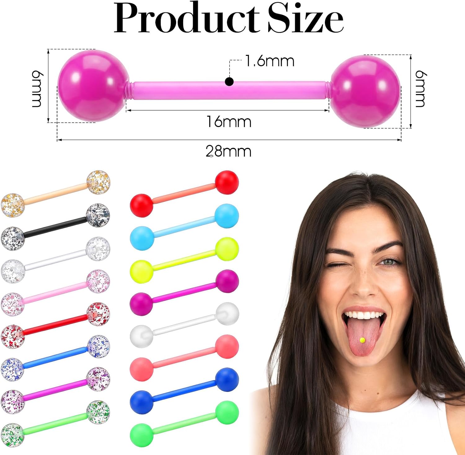 16 Pcs 14G Glow in Dark Tongue Barbell Flexible Acrylic Straight