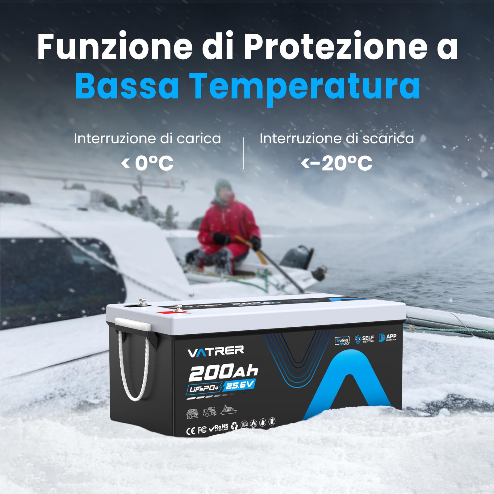 VATRER POWER Batteria LiFePO4 25,6V 200Ah Autoriscaldante Bluetooth | BMS Smart 200A·5120Wh Energia Utilizzabile·5000+ Cicli·Motore Elettrico,Camper & Fotovoltaico