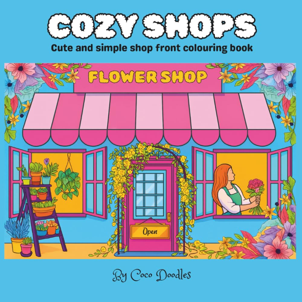 Cozy Shops: Cute and simple store front colouring book