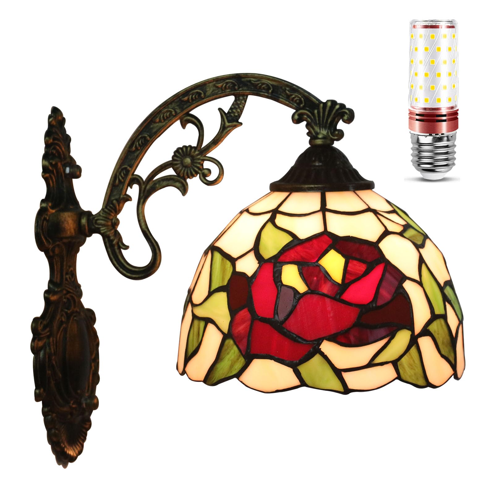 Uziqueif Vintage Stained Glass Wall Sconce, Rustic Style Wall lamp Indoor, Vintage Wall Lights for Living Room Bedroom Restaurant Home Bar Bedside Corridor Dining Room Hallway, with Bulb, Flower F