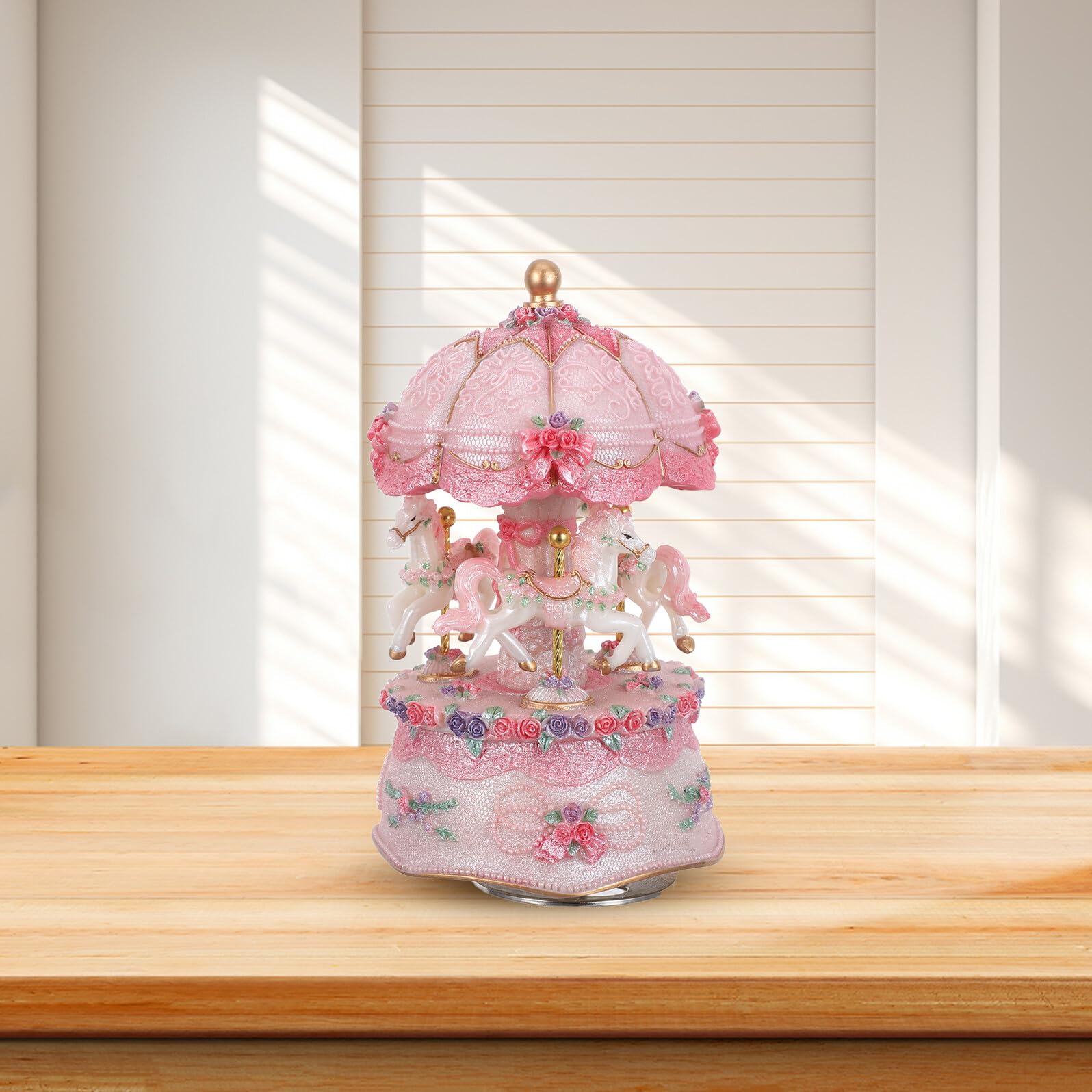 Ipetboom Carillon Giostra Rotante Vintage in Resina Rosa con Cavalli | Melodie Classiche Rilassanti, Luce LED Integrata, per Natale e Compleanno, Idea Regalo per Ragazze