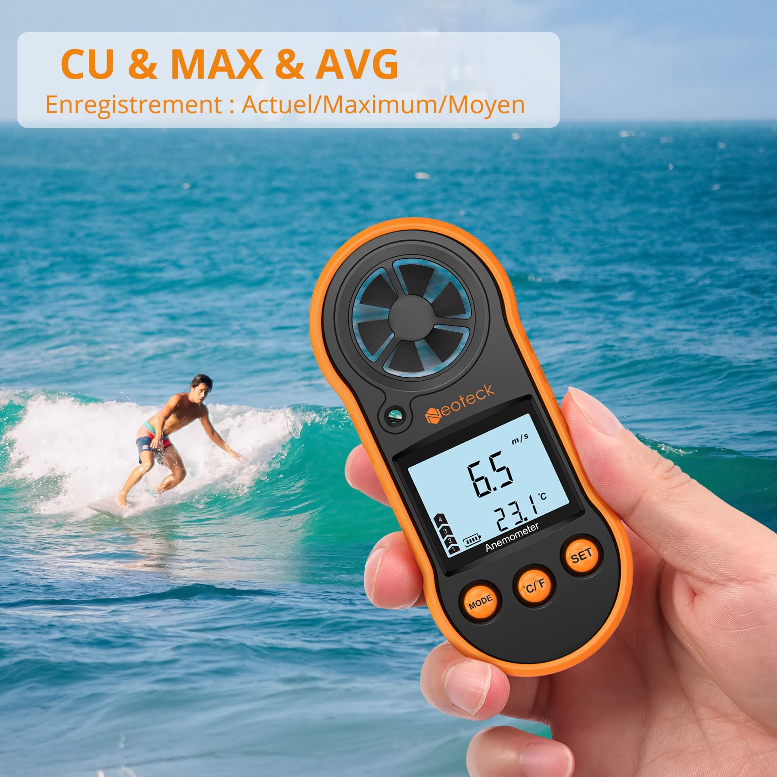 Anémomètre numérique avec écran LCD - Mesure la vitesse du vent, le débit d'air et la température - Rétroéclairage - Idéal pour la planche à voile, le cerf-volant, le surf et la pêche