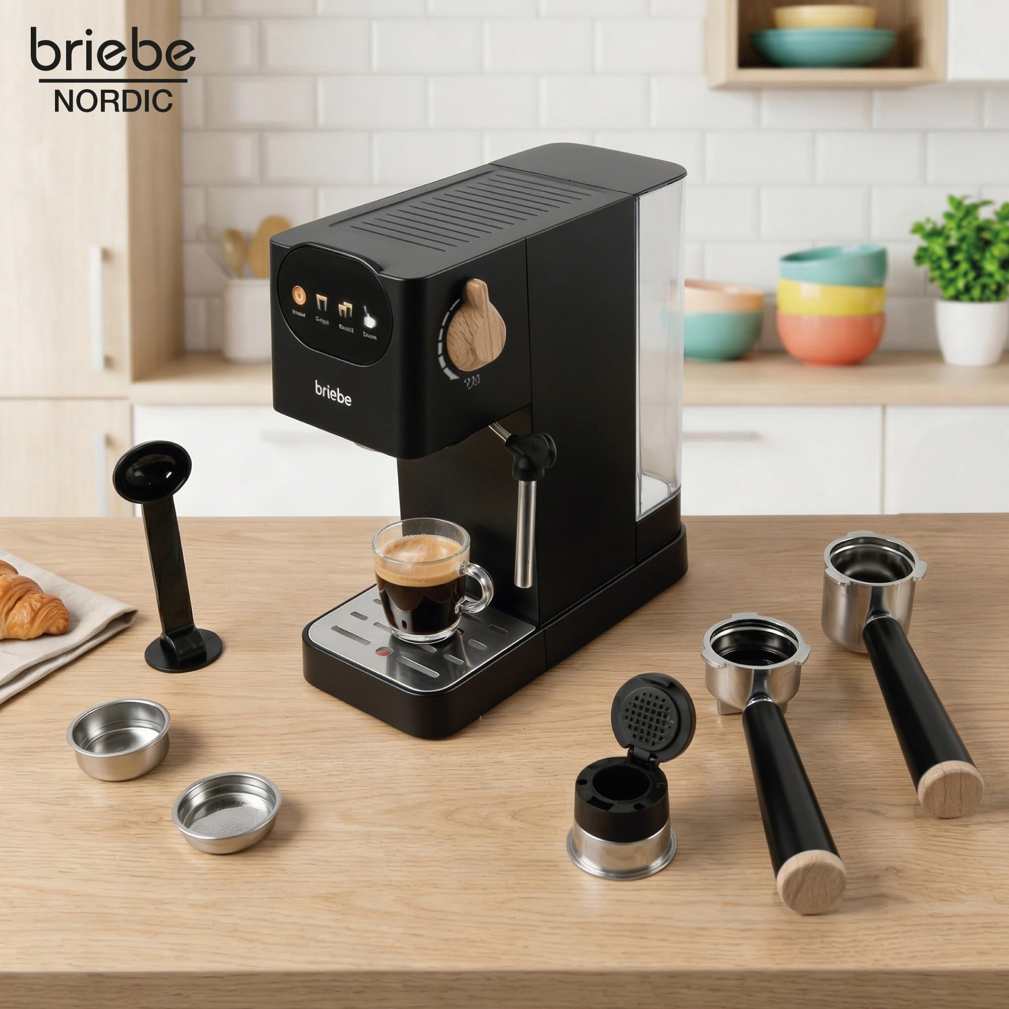 briebe Nordic Set Cafetera Espresso 20 Bares Cápsulas y Café Molido + Hervidor Agua Eléctrico 1,7L Inalámbrico 2200W + Tostadora Ranura Ancha 2 Rebanadas, Pack Desayuno Diseño Nórdico (Negro)