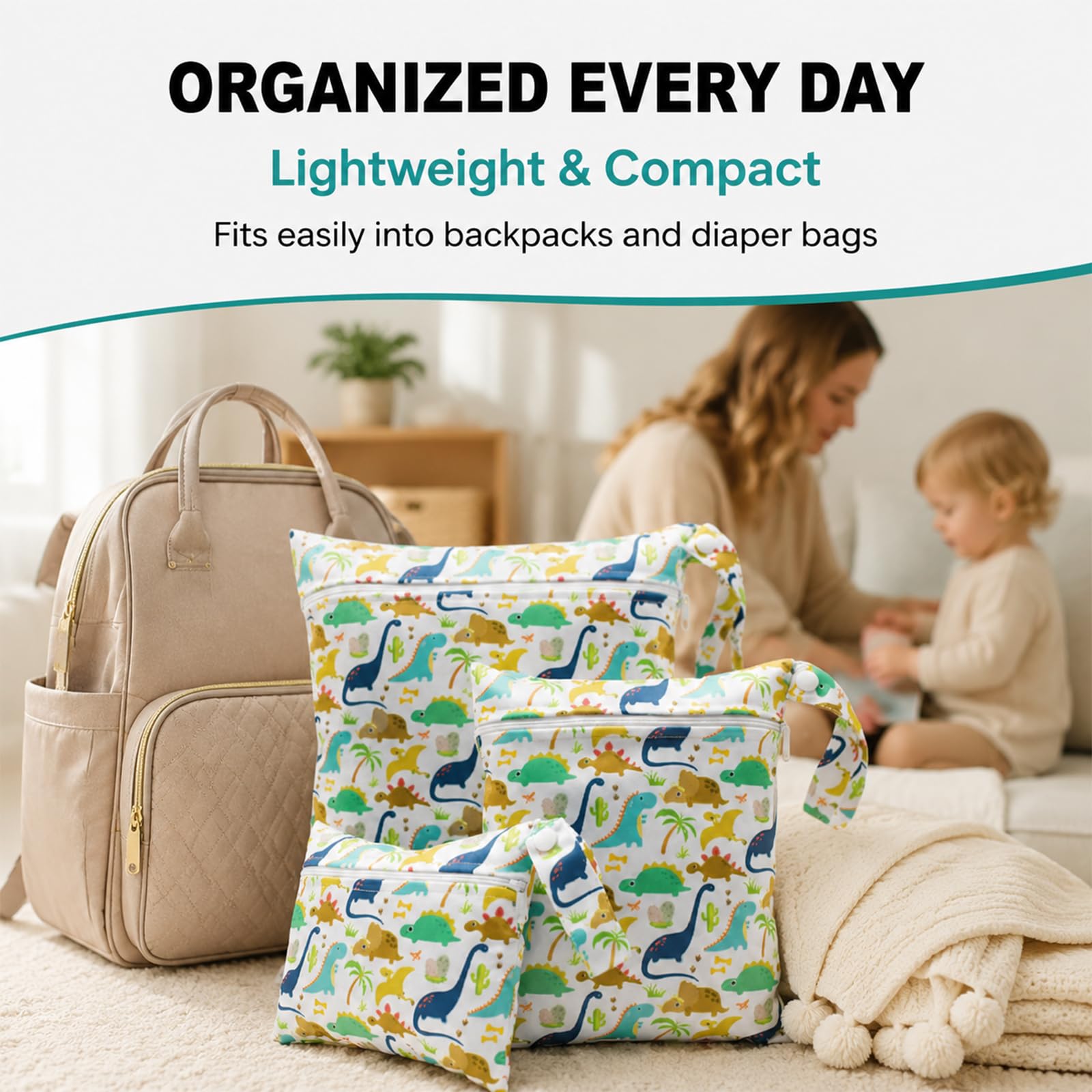 Set da 3 Wetbags con Dinosauri, Borse Impermeabili per Pannolini e Articoli bagnati per Bambini e Asilo, wetbag Portatile con Motivo Dolce di Dinosauri