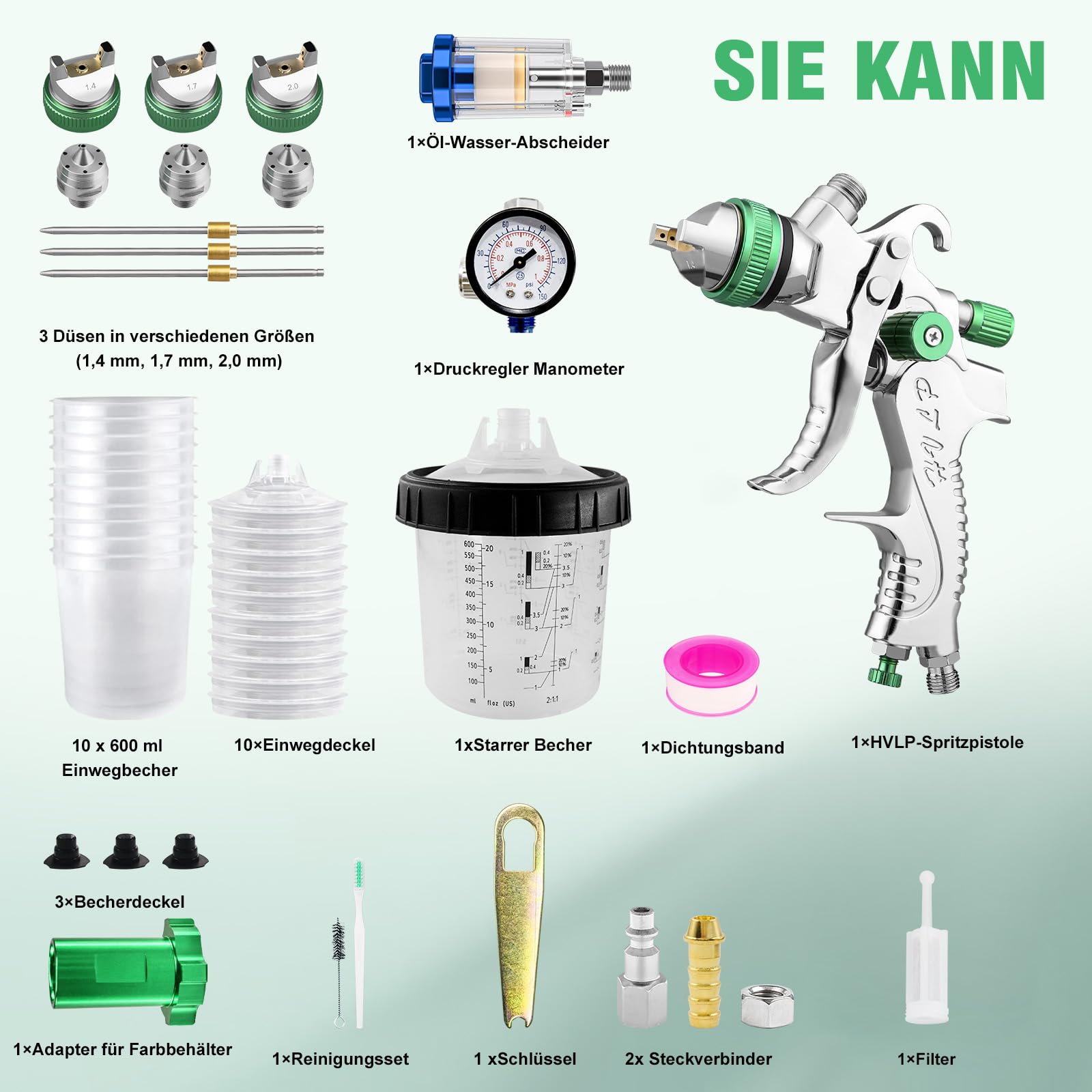 RRJ HVLP Lackierpistole Spritzpistole Kit mit 3 Düsen 1,4/1,7/2,0mm & 20 Unzen (650 ml) Einweg-Farbspritzpistolenbecher, Farbpistole Lackierpistole Druckluft, für Möbel, Wand, Zaun, Türen, DIY (Grün)