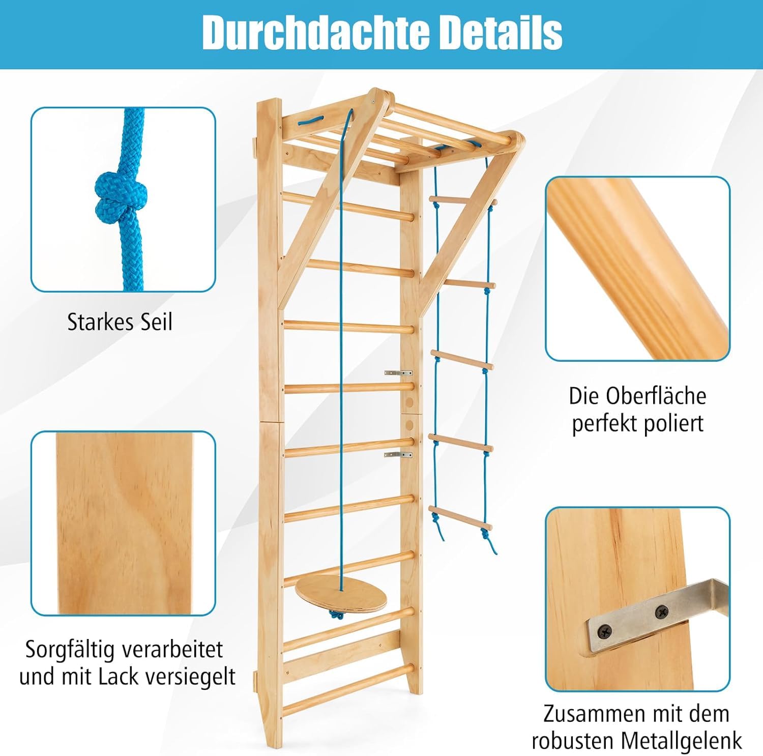 FANTASK Kletterwand Turnwand Holz, Indoor Outdoor Sprossenwand Klettergerüst, Gym Sportgerät, Tragfähigkeit von 100 kg, Natur