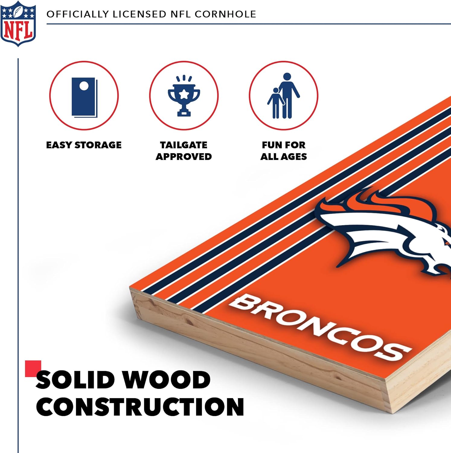 Wild Sports 2' x 3' Solid Wood Cornhole Set with Direct Print HD Team Graphics – Great Gift for Any Football Fan! Bean Bag Toss Family Outdoor Games – NFL Denver Broncos