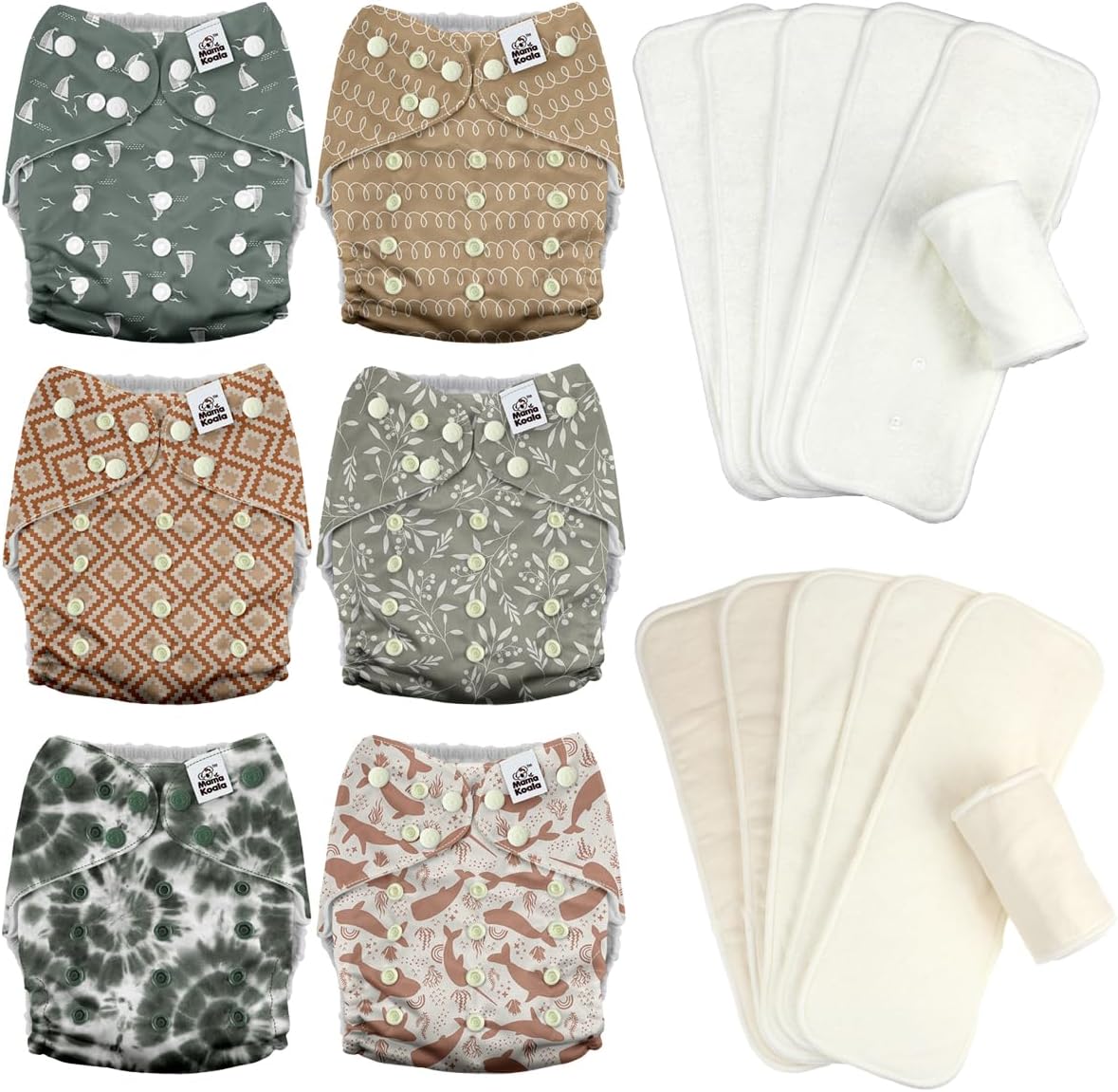 Mama Koala 3.0 Baby Cloth Diapers with 6 Inserts Bundle, with 6pcs 6-Layer Bboo Hemp Cotton Inserts