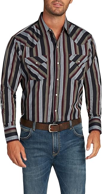 ELY CATTLEMAN Mens Long Sleeve Western Stripe, Burgundy, M