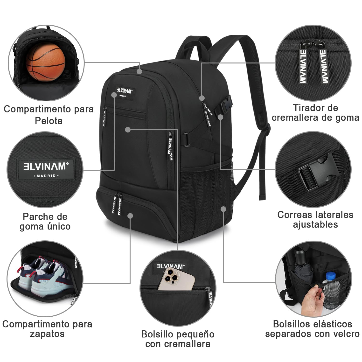 Mochila Baloncesto Impermeable Grande con Compartimento para Balón y Zapatillas