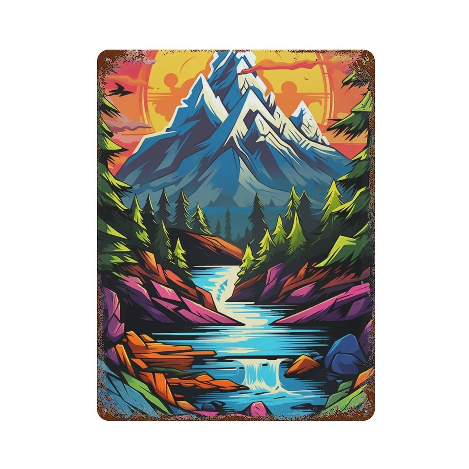 Mountain River Sunset Landscape Aged Metal Wall Plaque 15.7"x11.8", for Office, Studio And Wall Decor, Novelty Wall Decor