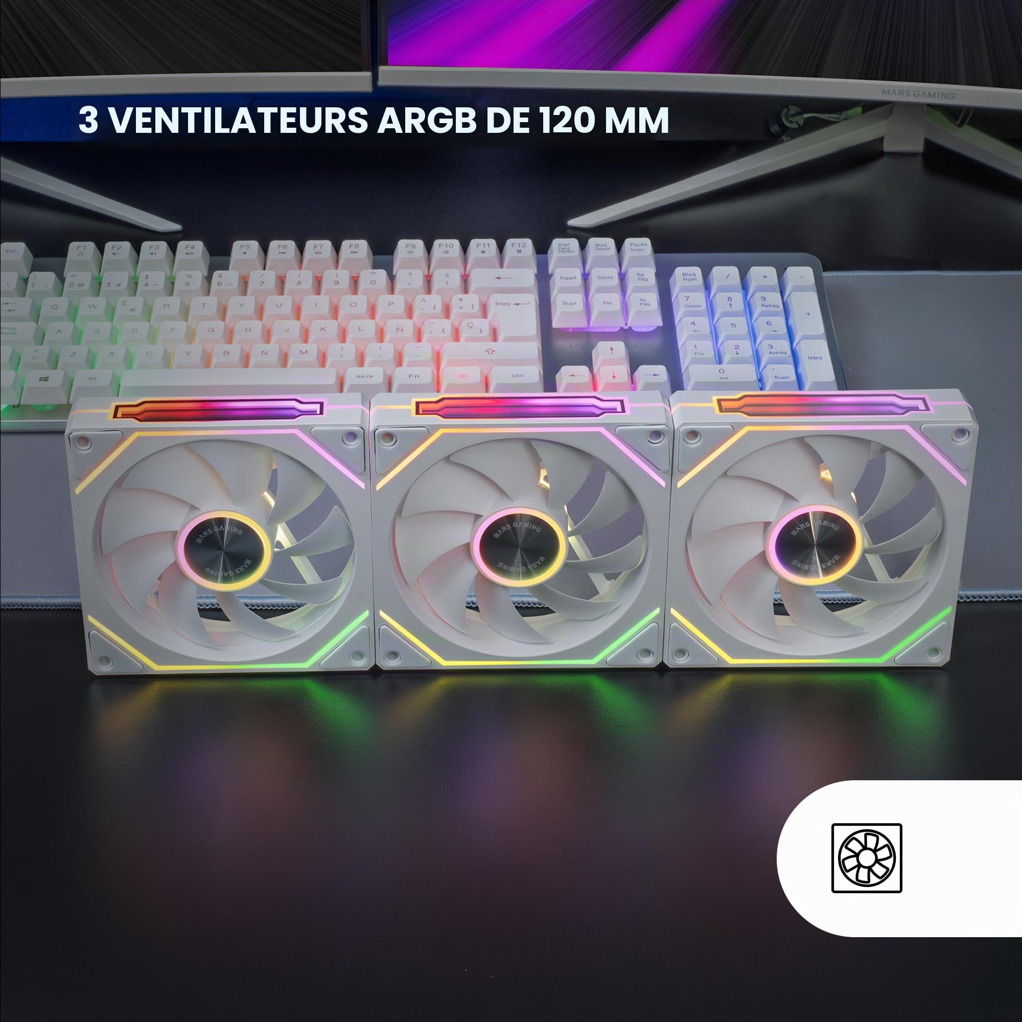 Mars Gaming MF-LINKFINITYKIT2, Kit 3x Ventilateurs Modulaires PWM 12cm, Éclairage ARGB Infinity Mirror, Système Modulaire LINKFINITY, Connexion Magnétique, Configuration Flexible 2+1 Sans Câble, Blanc