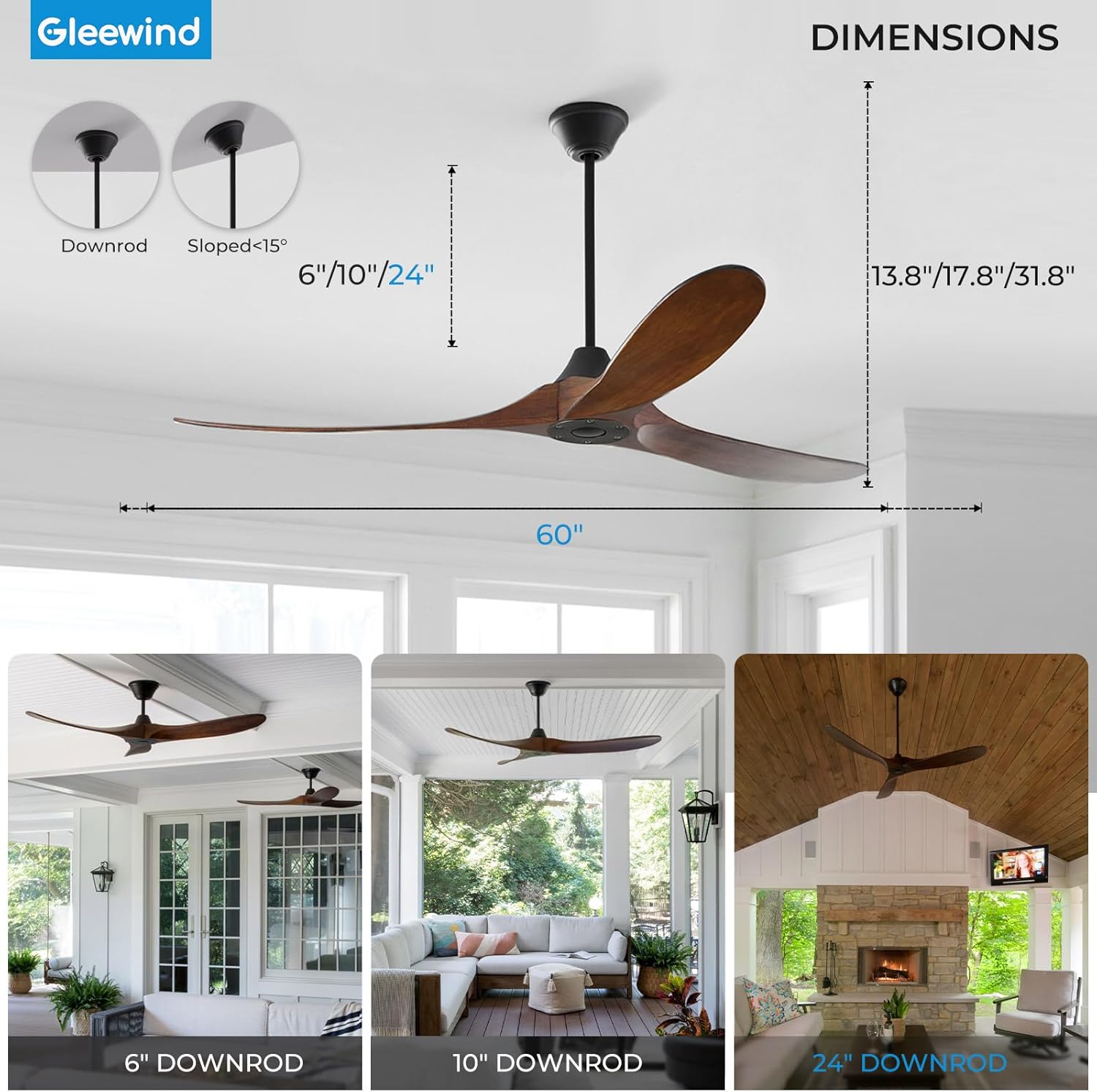 60 inch outdoor ceiling fan no light for patios, ceiling fans without lights with smart app and remote control, damp rated 3 blades wood propeller fan for exterior outside porch, high cfm, walnut 60 inch black walnut