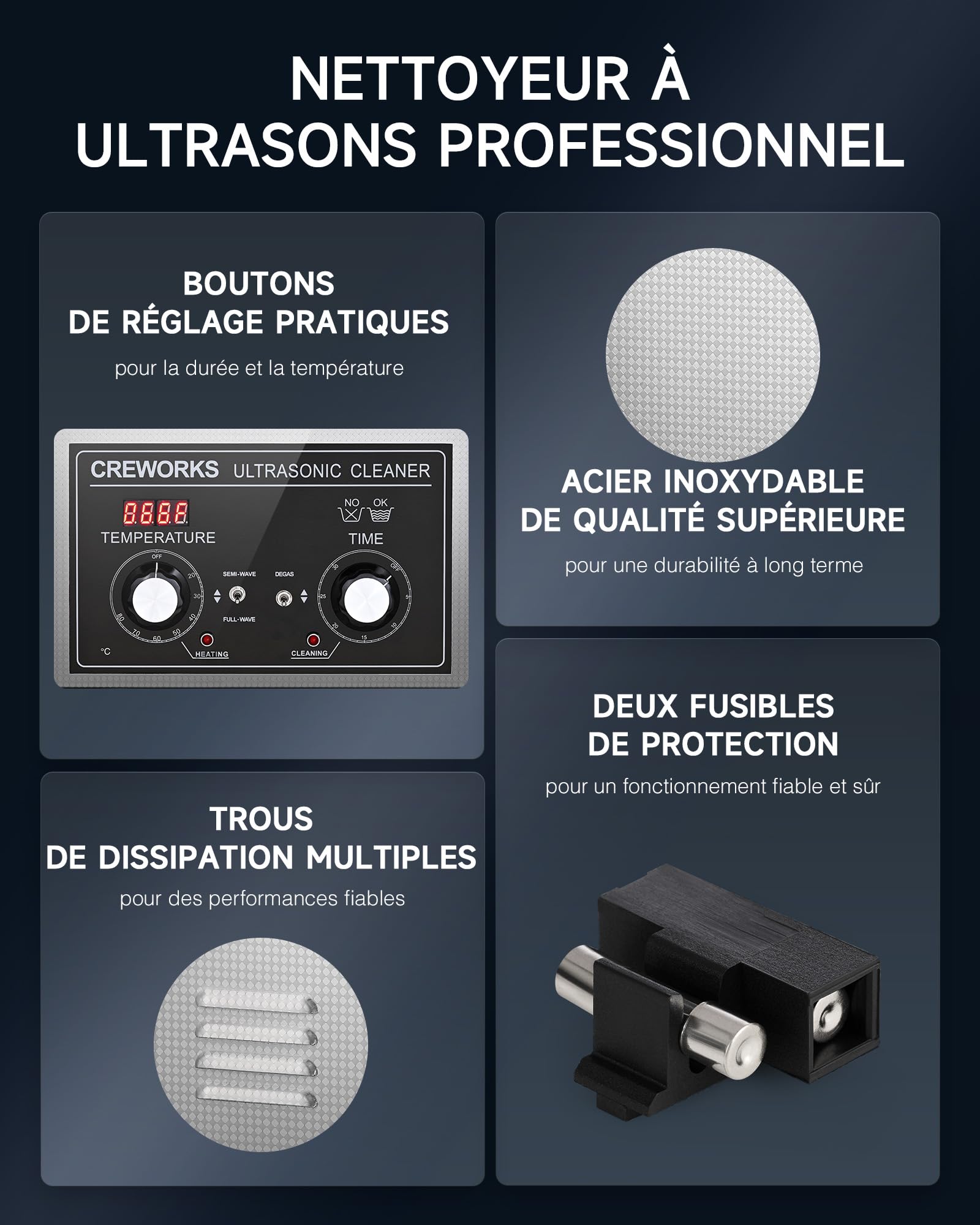 CREWORKS Nettoyeur à Ultrasons Professionnel 15L 360W avec Chauffage 300W, Minuterie 1-30min, Modes Dégazage et Doux, Réservoir Inox 304 40kHz pour Pièces Auto, Bijoux, Instruments Dentaires