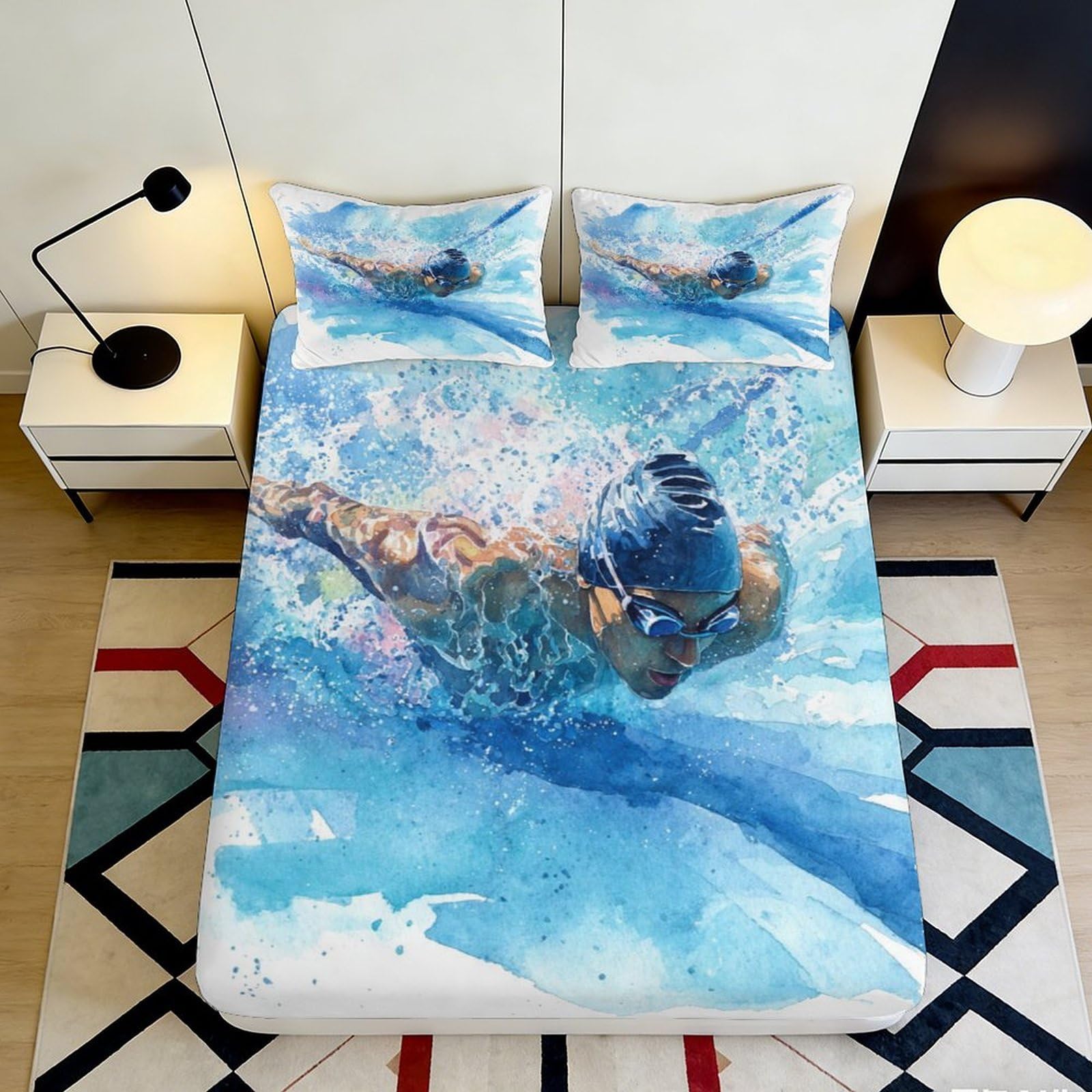3D Printed Swimmer Splash Fitted Sheet Microfiber Soft Blue Watercolor Sports Mattress Cover Bedroom Decor 90x200x25cm