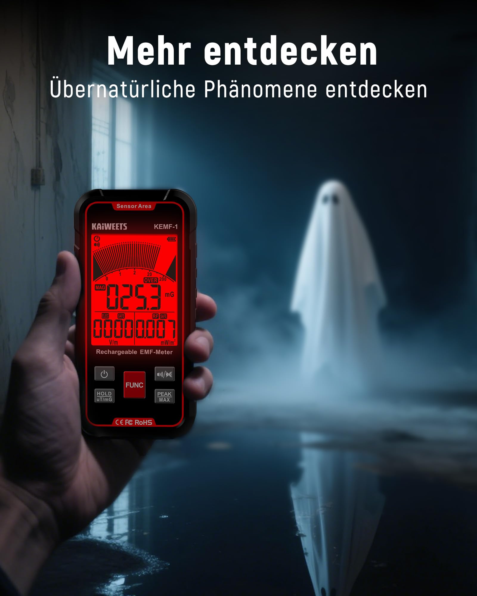 KAIWEETS EMF Messgerät, Gleichzeitige Anzeige von EF/MF/RF-Daten, LED-Display, Typ-C-Ladeanschluss, Tragbar für Zuhause, Büro und Außenbereich