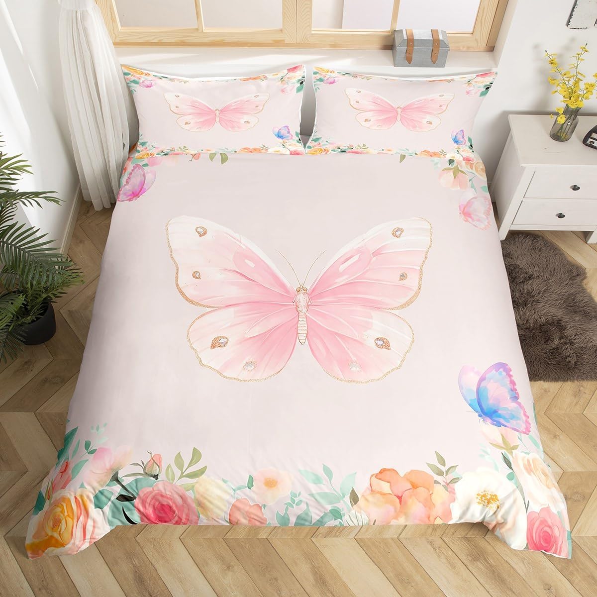 Manfei Pink Butterfly Duvet Cover Set Toddler Size, Watercolor Flower Bedding Set 2pcs, Floral Butterfly Print Quilt Cover, Kids Girls Women Room Decor, Soft and Breathbale, 1 Pillowcase, No Comforter