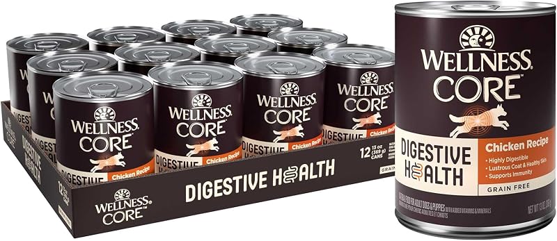 Wellness CORE Digestive Health Pate Alimento húmedo enlatado para perros adultos, sin granos, estómago sensible, natural, receta de pollo, 13 oz, paquete de 12 latas