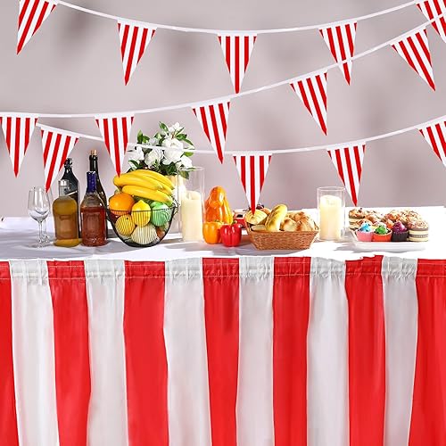 Miniatura 7 de Tegeme Paquete de 15 faldas de mesa de carnaval a rayas rojas y blancas, 165 x 30 pulgadas, manteles desechables de carnaval con banderines a rayas