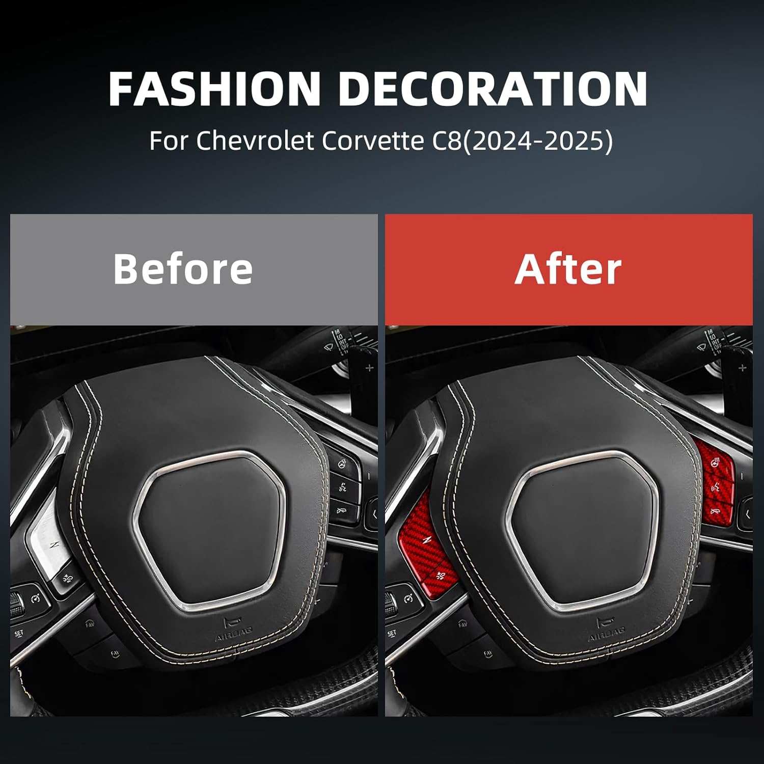 Real Carbon Fiber Steering Wheel Button Covers - 5PCS for Corvette C8 2024 2025 Carbon Fiber Accessories, Durable Anti-Scratch Protective Accessories (with Heating Button, Red)