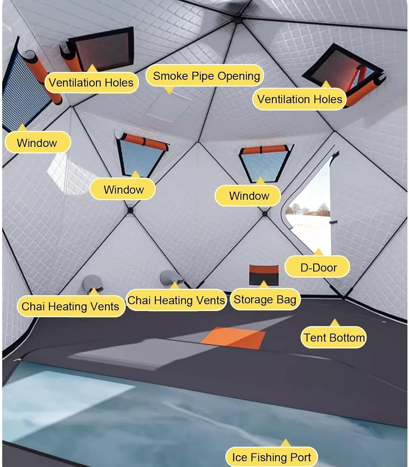 Ice Fishing Tent Rain Cover for Hexagonal, Pop-Up Insulated Ice Fishing Shelter with Stove Jack, 2 Doors 4 Windows Thickened Cotton Winter