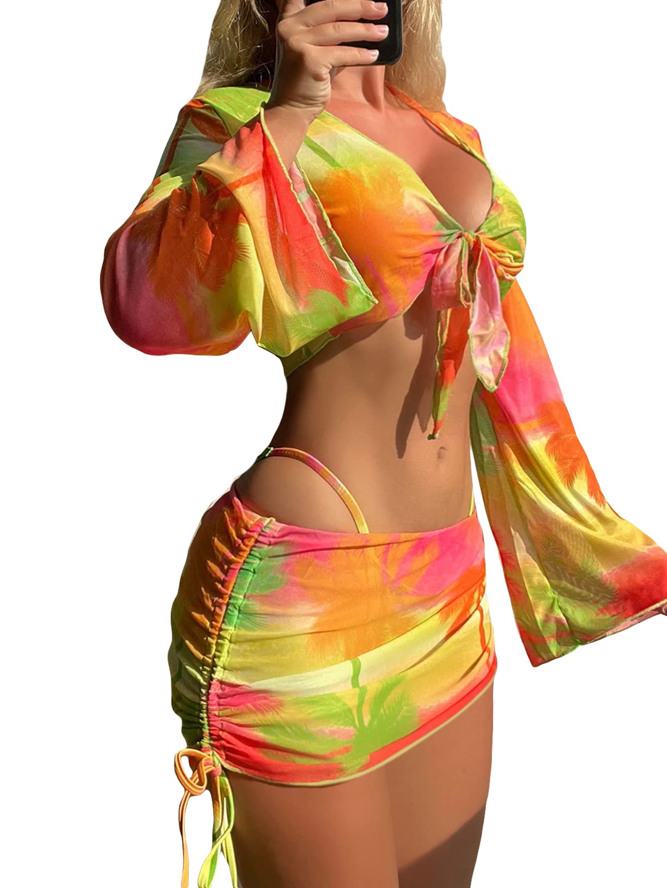 OYOANGLE Women's 4 Pieces Bikini Set Tropical Print Tie Side Triangle Halter Bikini Swimsuit with Cover Up Orange and Green L