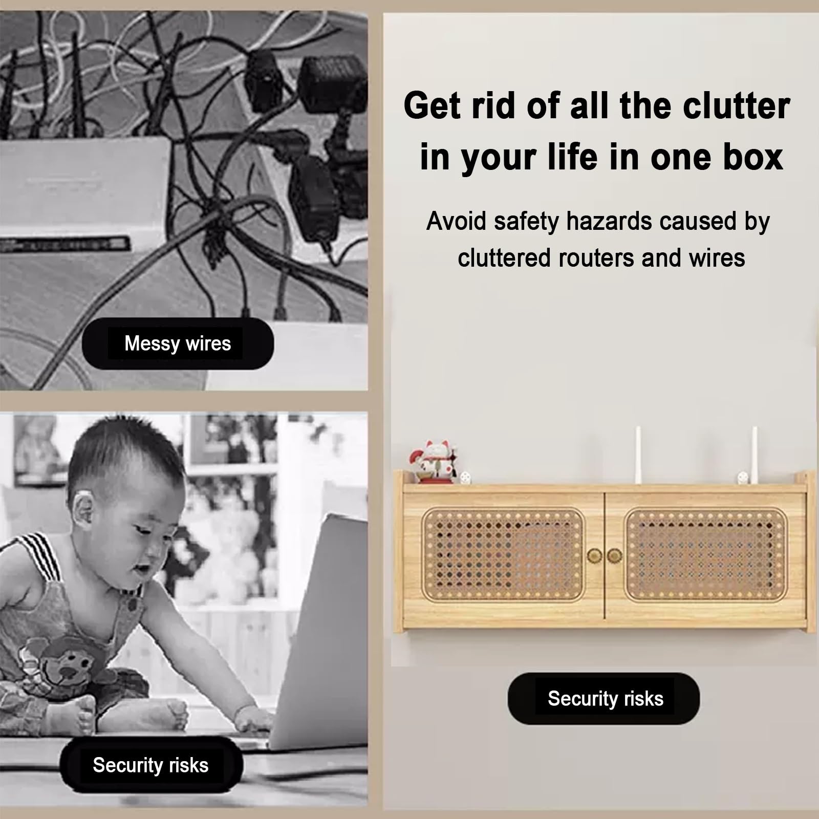 Étagère murale en bois avec porte tressée en rotin pour le rangement du routeur WiFi et la gestion des câbles d'alimentation, idéale pour le bureau et la maison